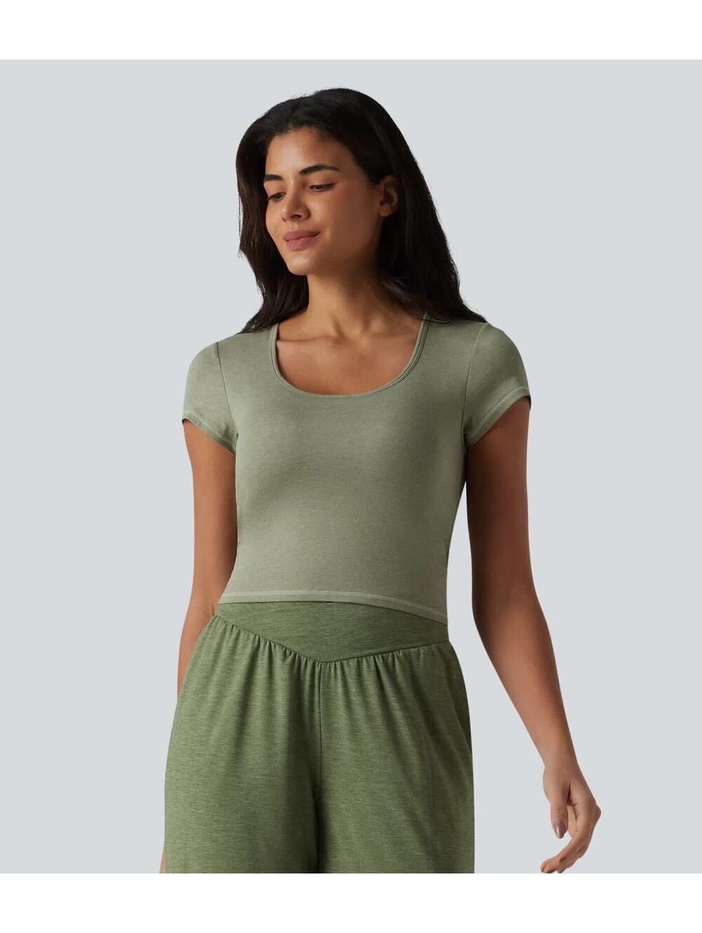 Halara Square Neck Short Sleeve Built-in Bra Cropped Workout Top Green Size XS